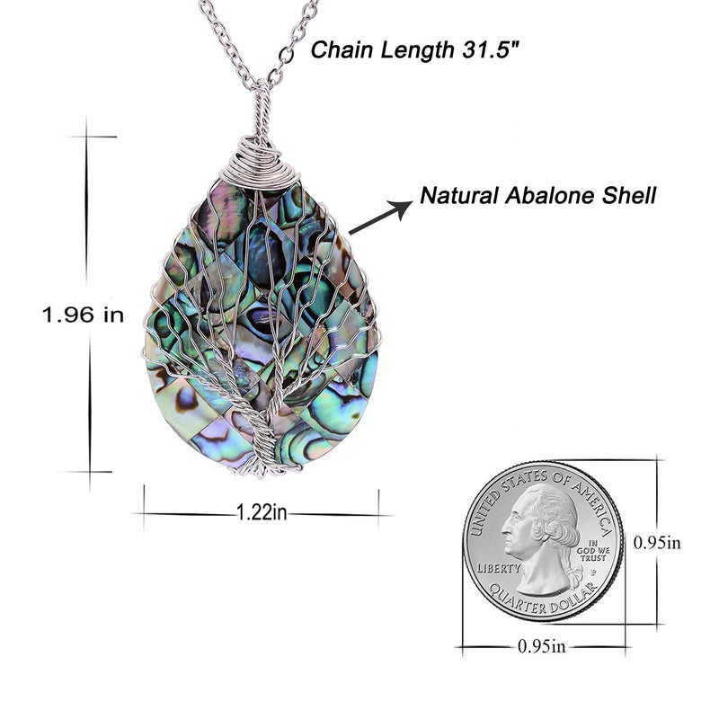 sedmart Wire Wrapped Abalone Teardrop Necklace - Handmade Silver Abalone Shell Water Drop Tree of Life Pendent Jewelry for Women - Image 4